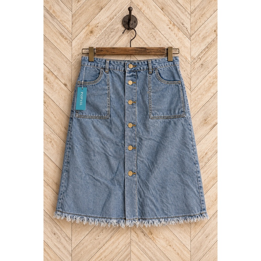 Popvil Denim Skirt Frayed Hem Button Front Light Wash Large